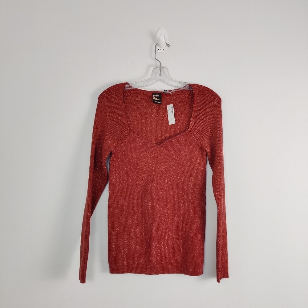 Women's Rock & Shine Red Metallic Sweater - Size Large Sweetheart Neckline Goth